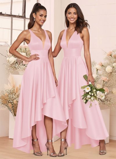 A-Line V-Neck Sleeveless Asymmetrical Satin Bridesmaid Dresses