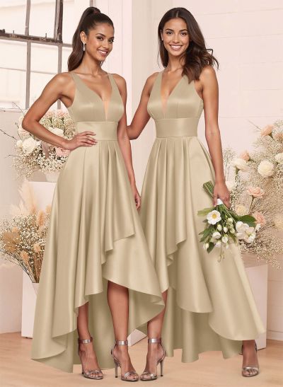 A-Line V-Neck Sleeveless Asymmetrical Satin Bridesmaid Dresses