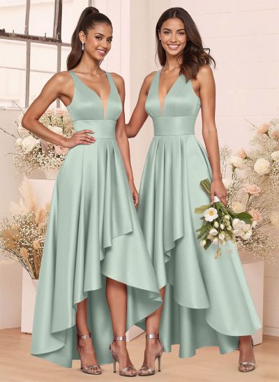 A-Line V-Neck Sleeveless Asymmetrical Satin Bridesmaid Dresses