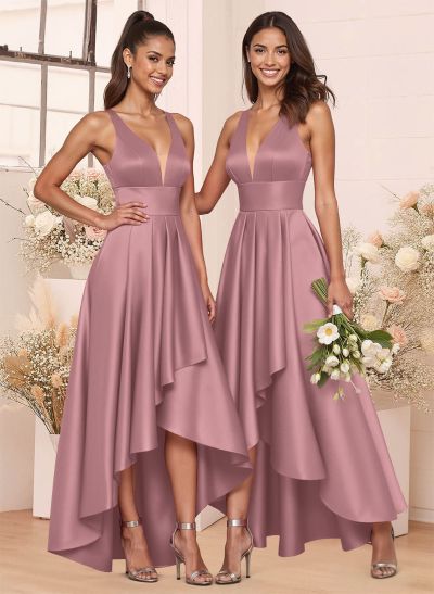 A-Line V-Neck Sleeveless Asymmetrical Satin Bridesmaid Dresses