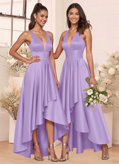 A-Line V-Neck Sleeveless Asymmetrical Satin Bridesmaid Dresses