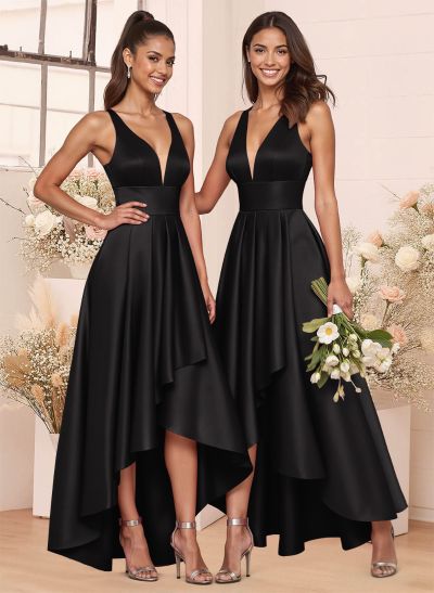 A-Line V-Neck Sleeveless Asymmetrical Satin Bridesmaid Dresses