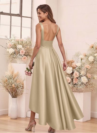 A-Line V-Neck Sleeveless Asymmetrical Satin Bridesmaid Dresses