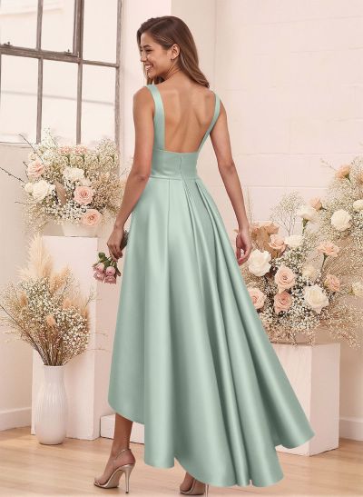 A-Line V-Neck Sleeveless Asymmetrical Satin Bridesmaid Dresses