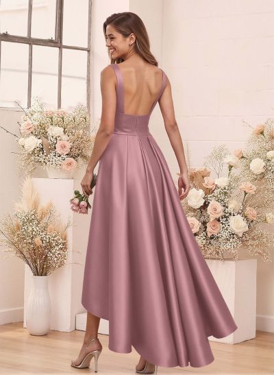 A-Line V-Neck Sleeveless Asymmetrical Satin Bridesmaid Dresses