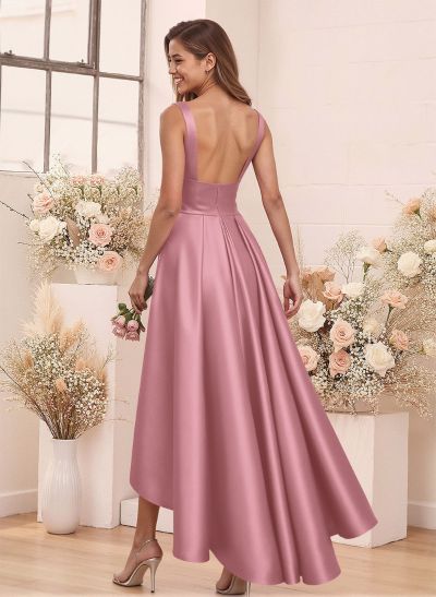 A-Line V-Neck Sleeveless Asymmetrical Satin Bridesmaid Dresses