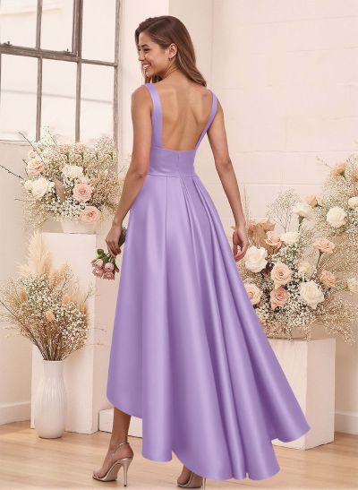 A-Line V-Neck Sleeveless Asymmetrical Satin Bridesmaid Dresses