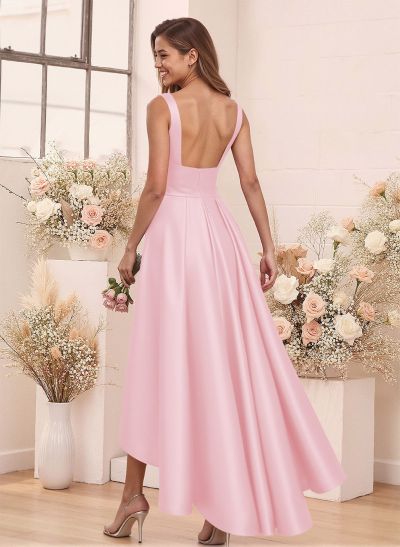 A-Line V-Neck Sleeveless Asymmetrical Satin Bridesmaid Dresses