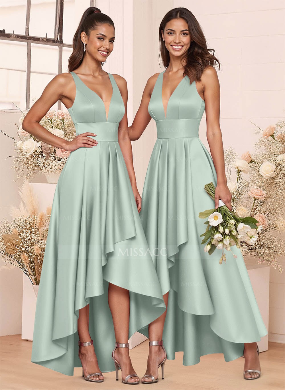 A-Line V-Neck Sleeveless Asymmetrical Satin Bridesmaid Dresses