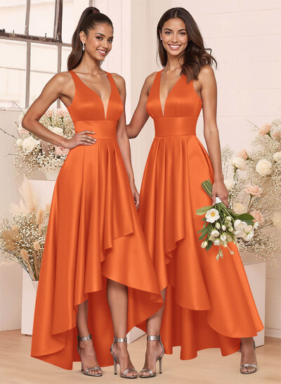 A-Line V-Neck Sleeveless Asymmetrical Satin Bridesmaid Dresses