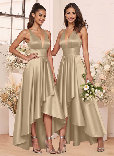 A-Line V-Neck Sleeveless Asymmetrical Satin Bridesmaid Dresses