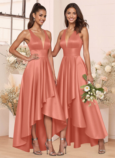 A-Line V-Neck Sleeveless Asymmetrical Satin Bridesmaid Dresses