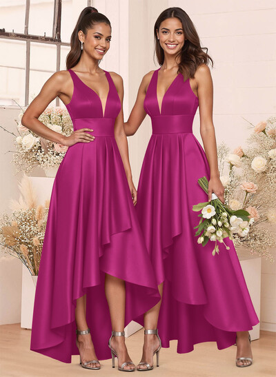 A-Line V-Neck Sleeveless Asymmetrical Satin Bridesmaid Dresses