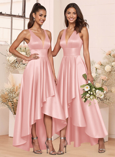 A-Line V-Neck Sleeveless Asymmetrical Satin Bridesmaid Dresses