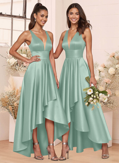 A-Line V-Neck Sleeveless Asymmetrical Satin Bridesmaid Dresses
