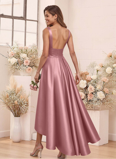 A-Line V-Neck Sleeveless Asymmetrical Satin Bridesmaid Dresses
