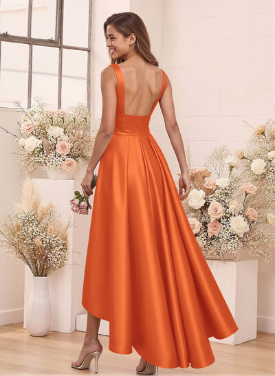 A-Line V-Neck Sleeveless Asymmetrical Satin Bridesmaid Dresses