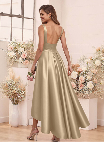 A-Line V-Neck Sleeveless Asymmetrical Satin Bridesmaid Dresses