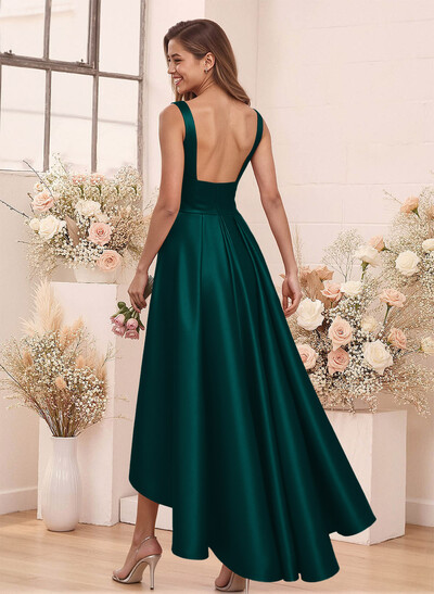 A-Line V-Neck Sleeveless Asymmetrical Satin Bridesmaid Dresses