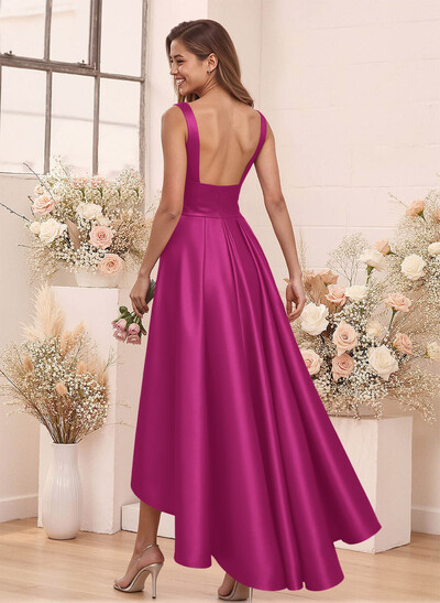 A-Line V-Neck Sleeveless Asymmetrical Satin Bridesmaid Dresses