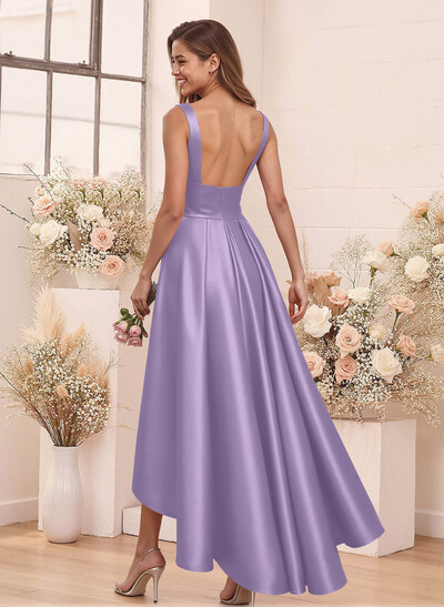 A-Line V-Neck Sleeveless Asymmetrical Satin Bridesmaid Dresses