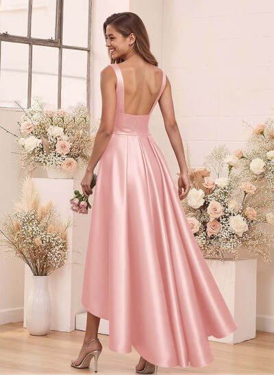 A-Line V-Neck Sleeveless Asymmetrical Satin Bridesmaid Dresses