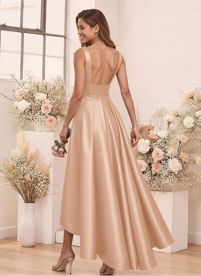 A-Line V-Neck Sleeveless Asymmetrical Satin Bridesmaid Dresses