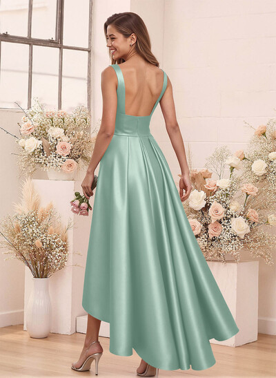 A-Line V-Neck Sleeveless Asymmetrical Satin Bridesmaid Dresses