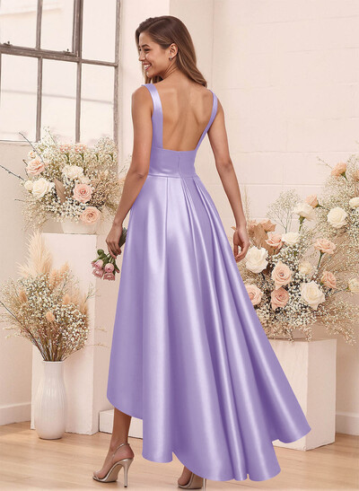 A-Line V-Neck Sleeveless Asymmetrical Satin Bridesmaid Dresses