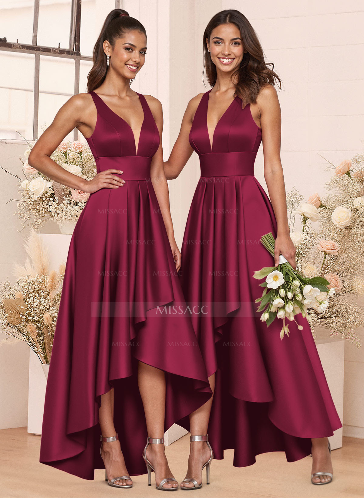 A-Line V-Neck Sleeveless Asymmetrical Satin Bridesmaid Dresses
