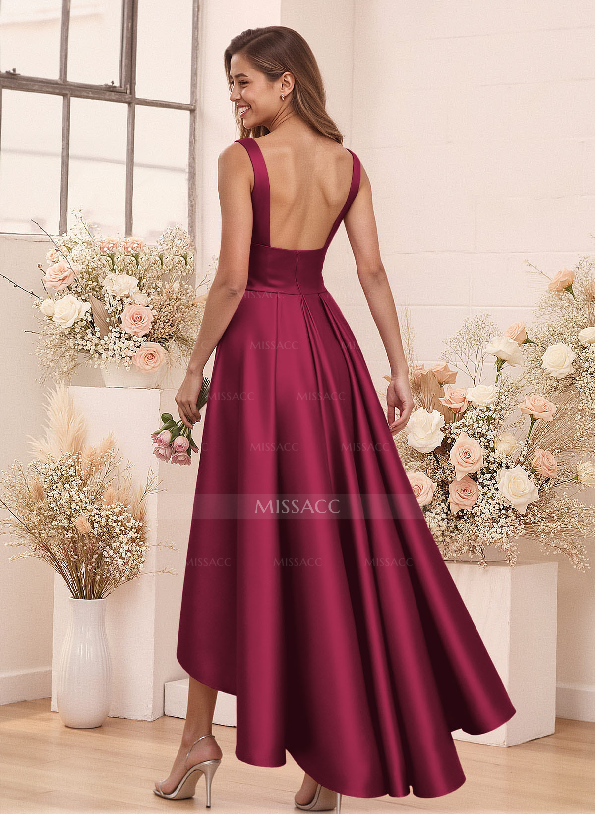 A-Line V-Neck Sleeveless Asymmetrical Satin Bridesmaid Dresses