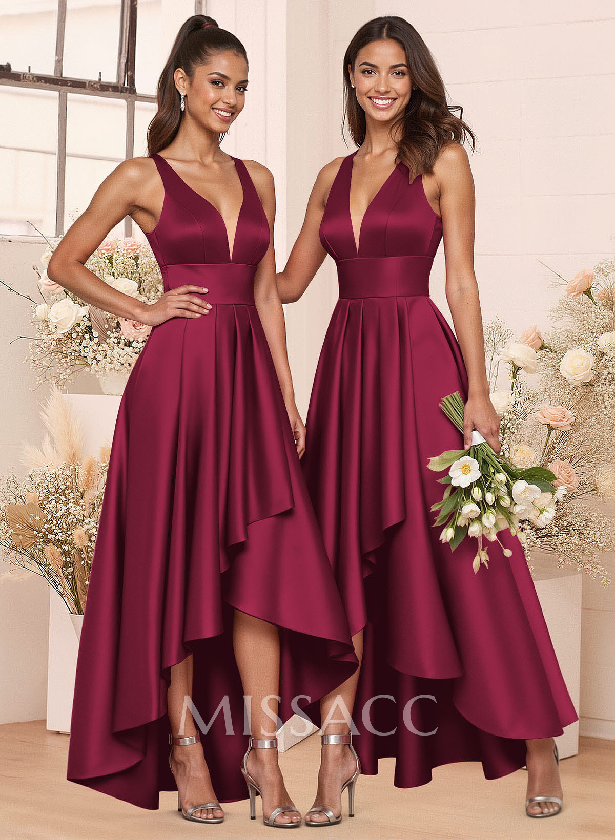 A-Line V-Neck Sleeveless Asymmetrical Satin Bridesmaid Dresses A-Line V-Neck Sleeveless Asymmetrical Satin Bridesmaid Dresses