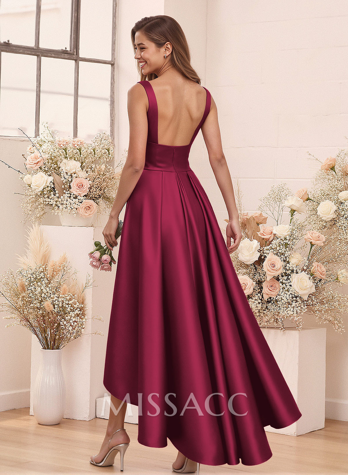 A-Line V-Neck Sleeveless Asymmetrical Satin Bridesmaid Dresses A-Line V-Neck Sleeveless Asymmetrical Satin Bridesmaid Dresses