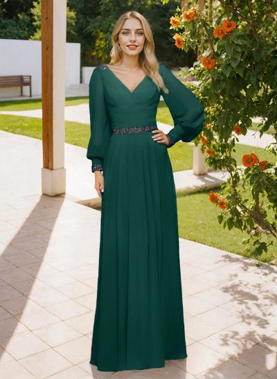 Long Sleeves V-Neck A-Line Lace Beading Bridesmaid Dresses