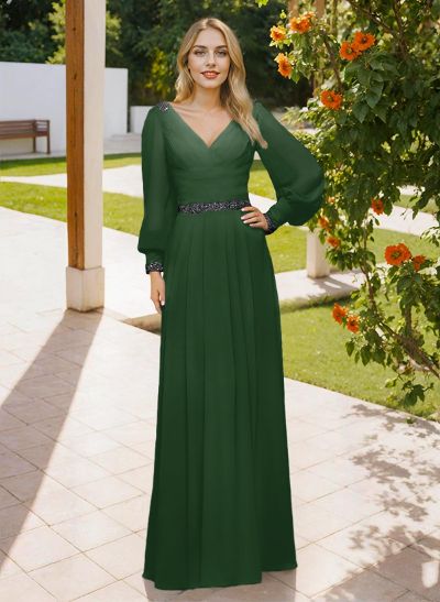 Long Sleeves V-Neck A-Line Lace Beading Bridesmaid Dresses