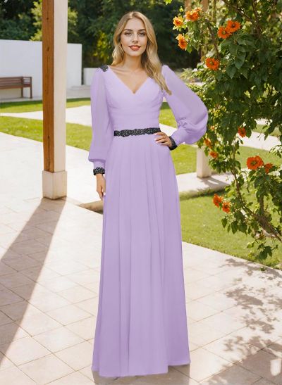 Long Sleeves V-Neck A-Line Lace Beading Bridesmaid Dresses