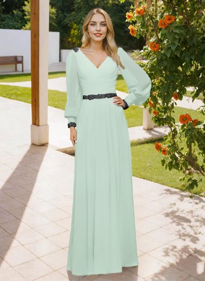 Long Sleeves V-Neck A-Line Lace Beading Bridesmaid Dresses