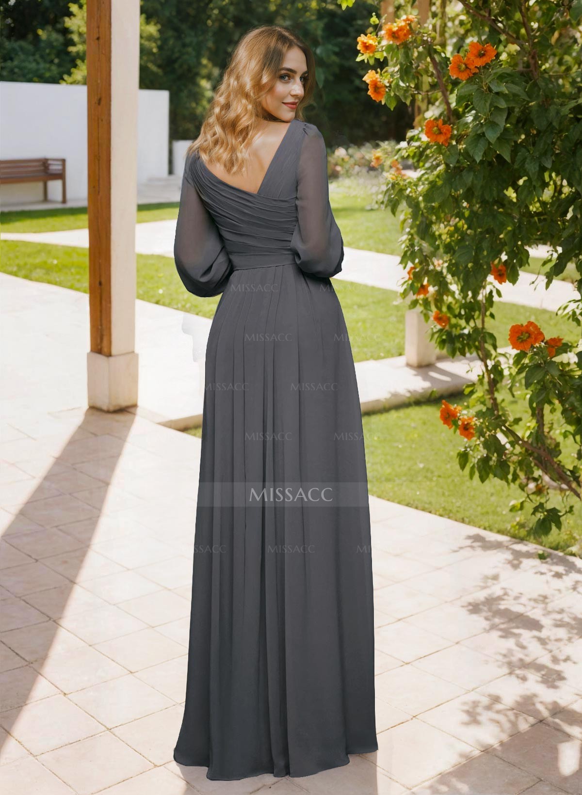 Long Sleeves V-Neck A-Line Lace Beading Bridesmaid Dresses