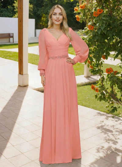 Long Sleeves V-Neck A-Line Lace Beading Bridesmaid Dresses