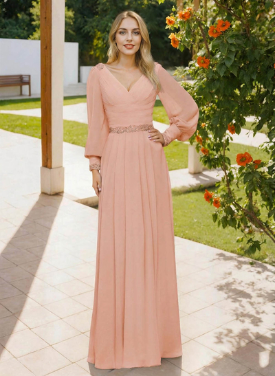 Long Sleeves V-Neck A-Line Lace Beading Bridesmaid Dresses