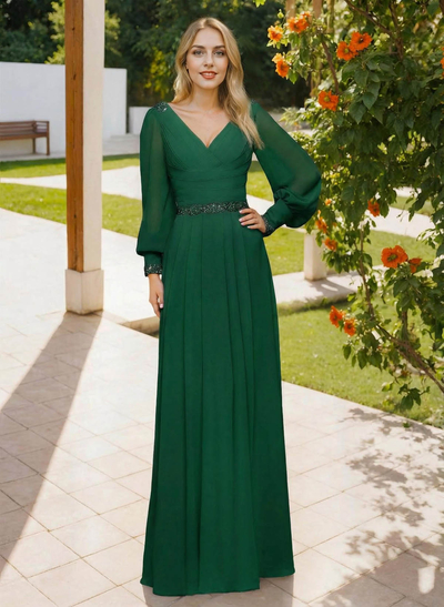 Long Sleeves V-Neck A-Line Lace Beading Bridesmaid Dresses