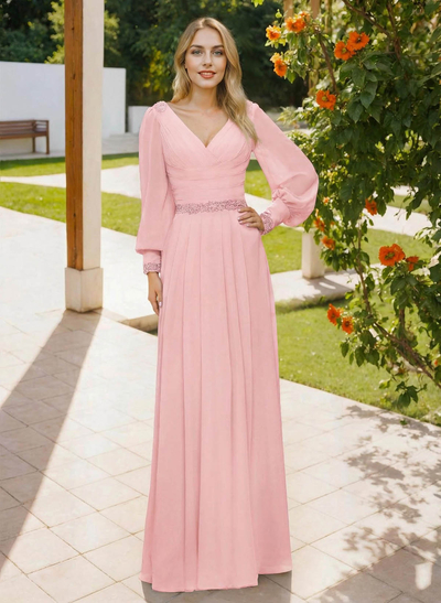 Long Sleeves V-Neck A-Line Lace Beading Bridesmaid Dresses