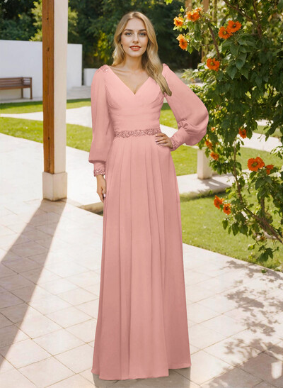 Long Sleeves V-Neck A-Line Lace Beading Bridesmaid Dresses