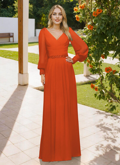 Long Sleeves V-Neck A-Line Lace Beading Bridesmaid Dresses