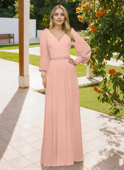 Long Sleeves V-Neck A-Line Lace Beading Bridesmaid Dresses