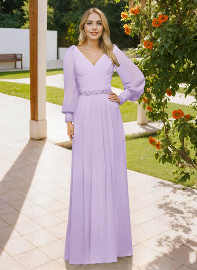 Long Sleeves V-Neck A-Line Lace Beading Bridesmaid Dresses