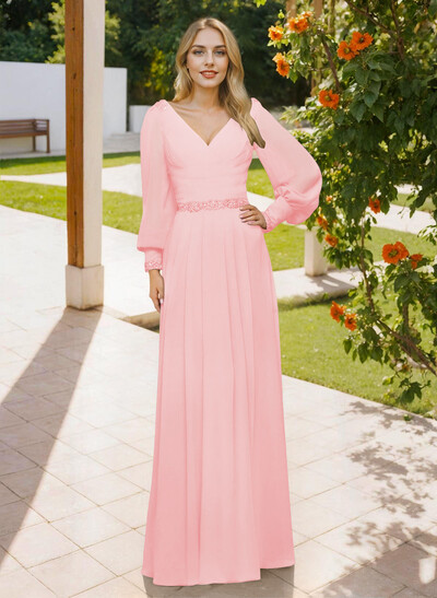 Long Sleeves V-Neck A-Line Lace Beading Bridesmaid Dresses