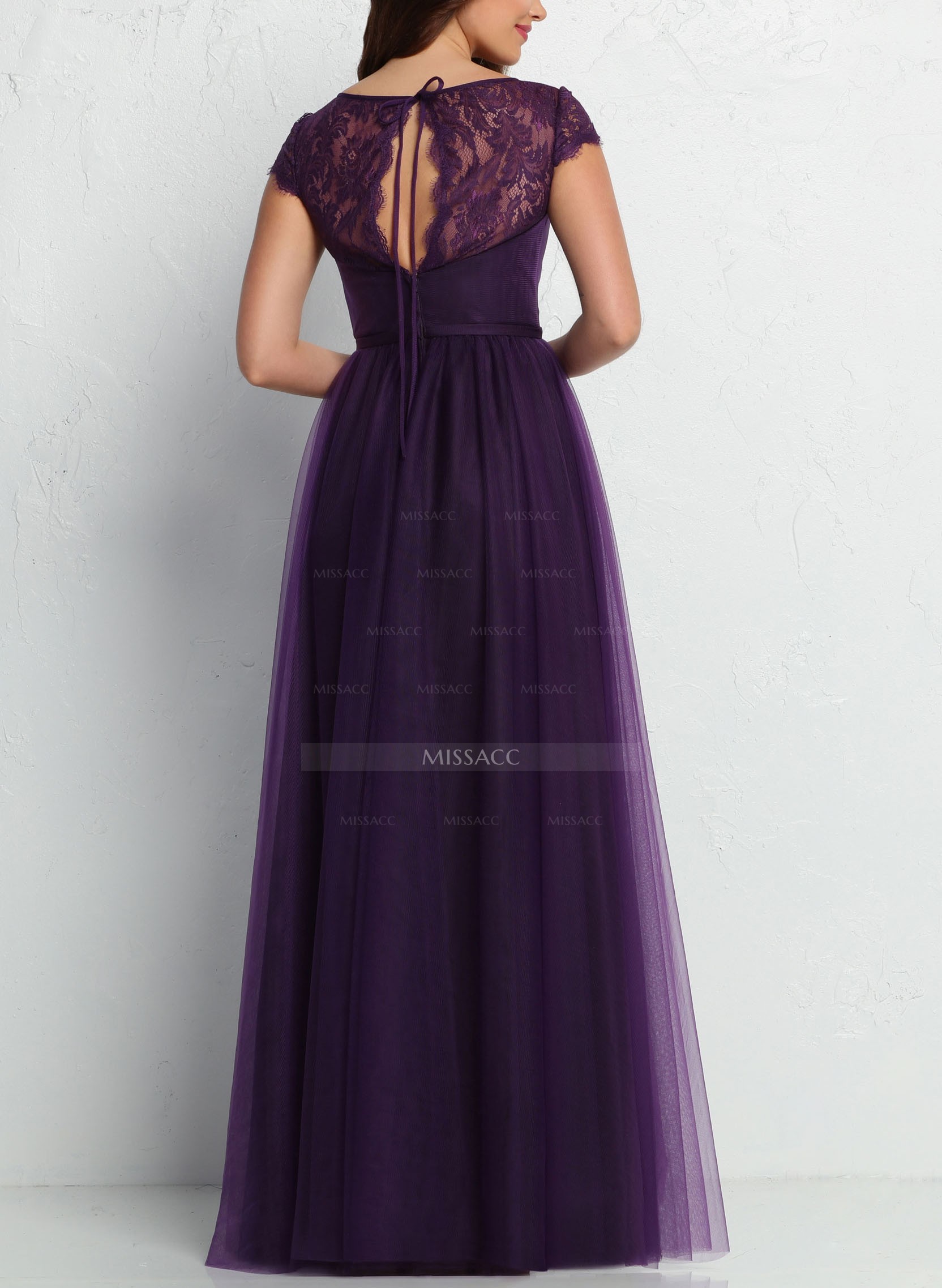 V-Neck Lace A-Line Tulle Bridesmaid Dresses