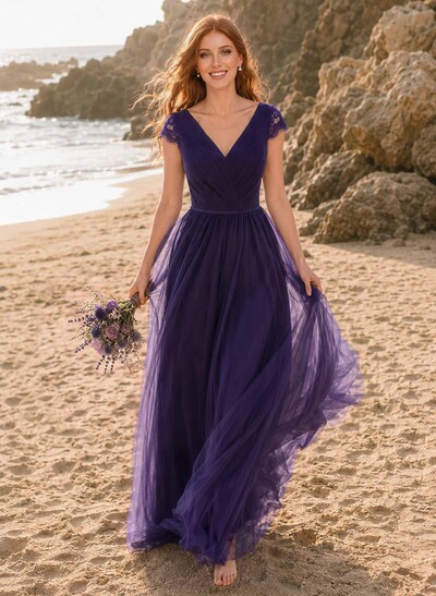 V-Neck Lace A-Line Tulle Bridesmaid Dresses