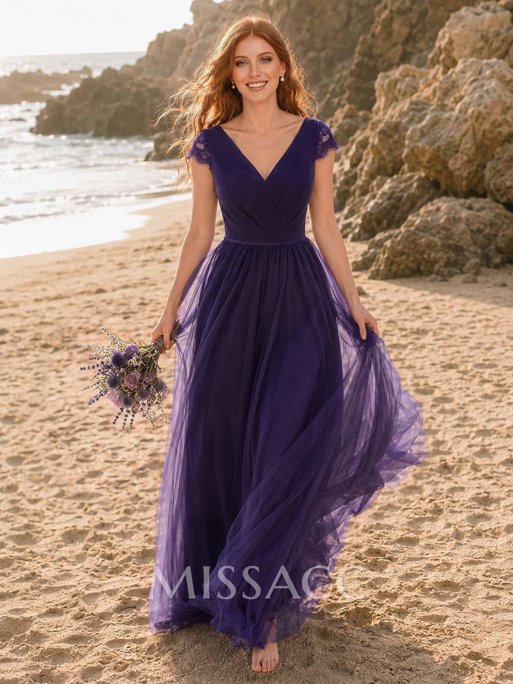 V-Neck Lace A-Line Tulle Bridesmaid Dresses V-Neck Lace A-Line Tulle Bridesmaid Dresses
